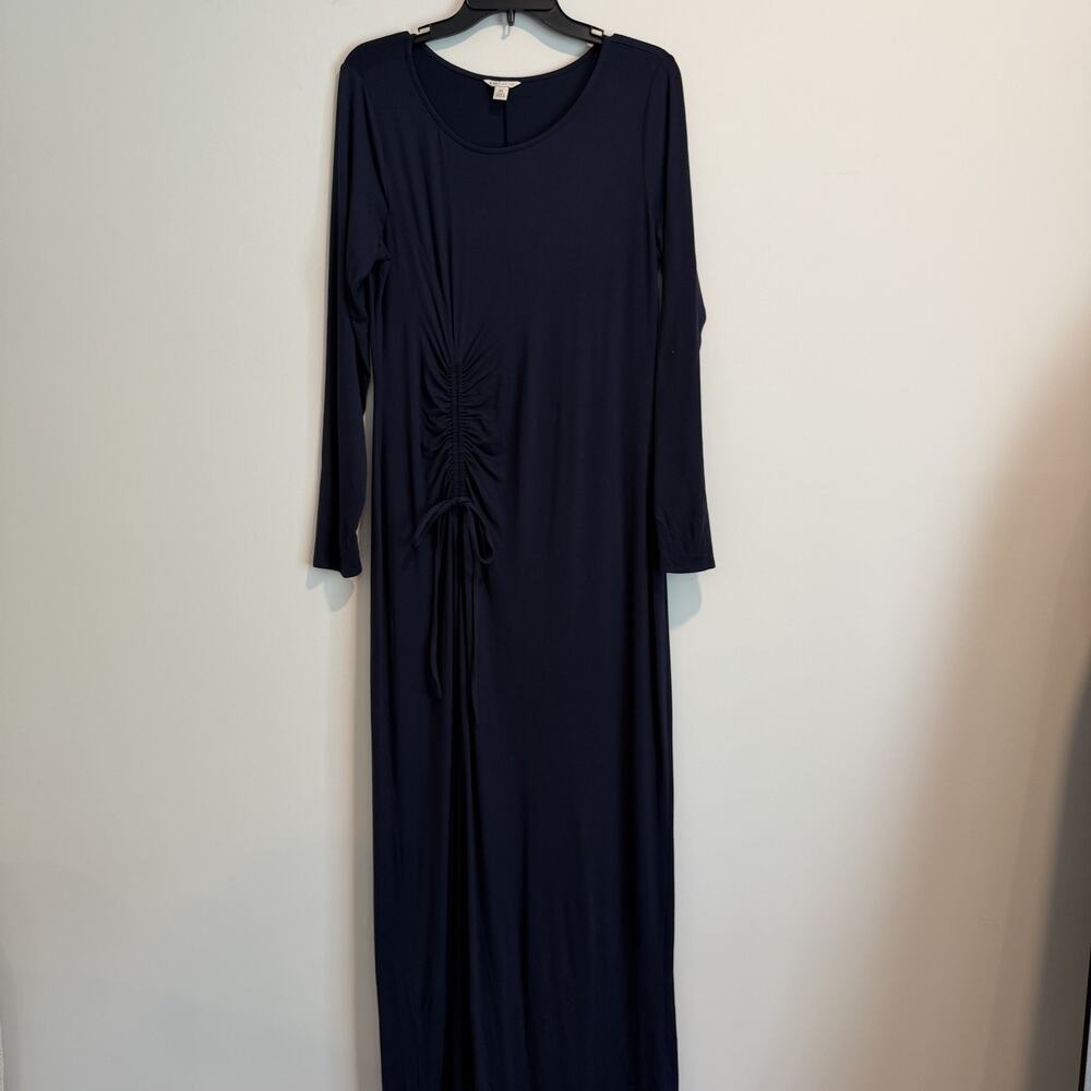 Cato Women's Medium Navy Blue Ruched Side Slit Maxi Dress Long Sleeve